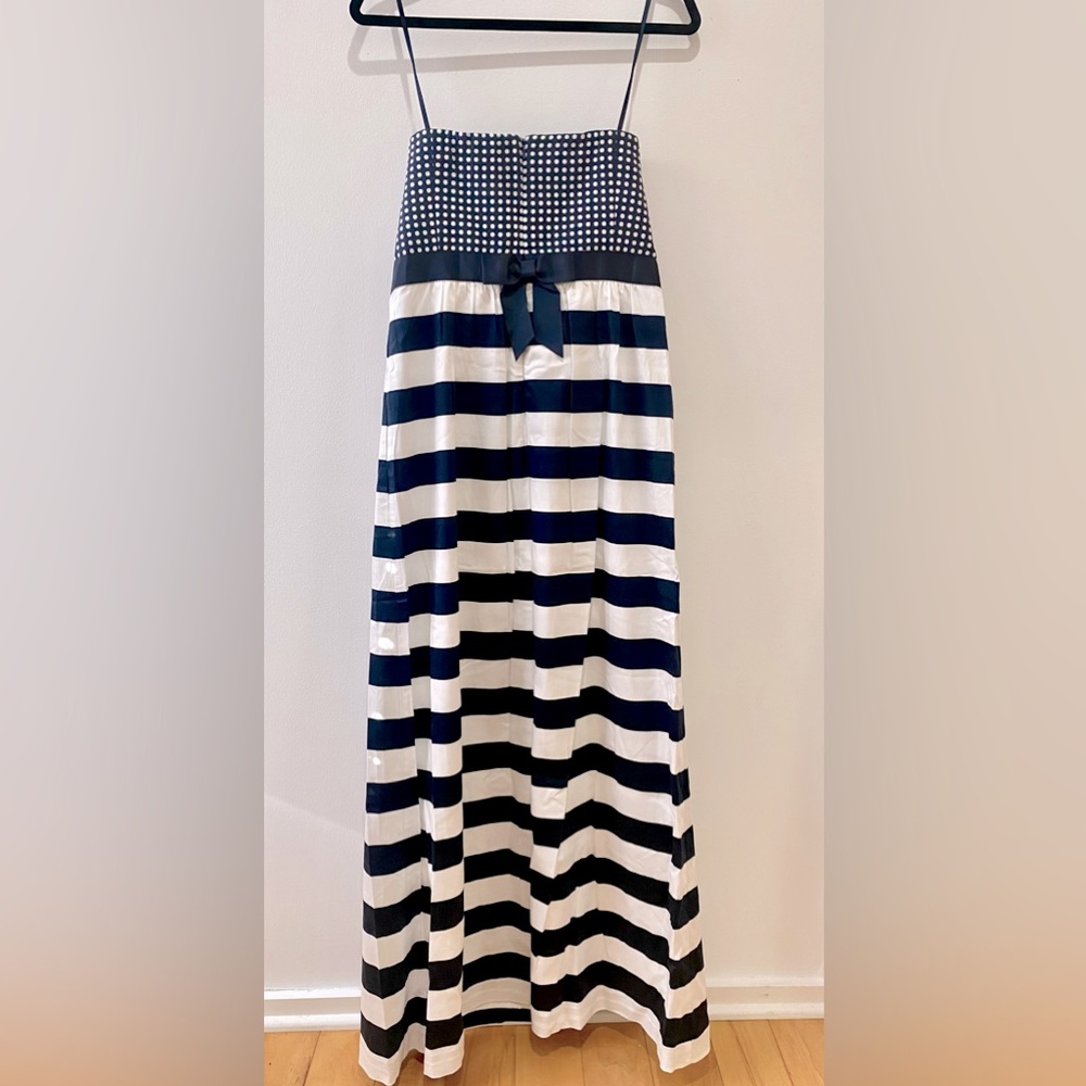 Navy Vineyard Vines maxi jacquard polka dot dress with bow in back